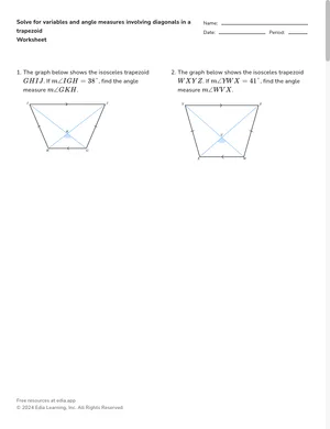 Solve for variables and angle measures involving diagonals in a trapezoid worksheet preview