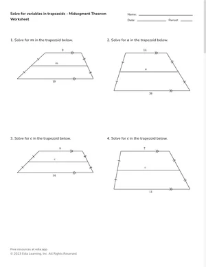 Solve for variables in trapezoids - Midsegment Theorem worksheet preview