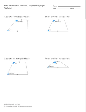 Solve for variables in trapezoids - Supplementary Angles worksheet preview