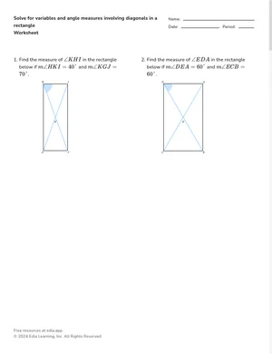 Solve for variables and angle measures involving diagonals in a rectangle worksheet preview