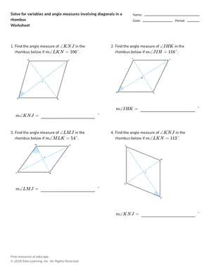 Solve for variables and angle measures involving diagonals in a rhombus worksheet preview