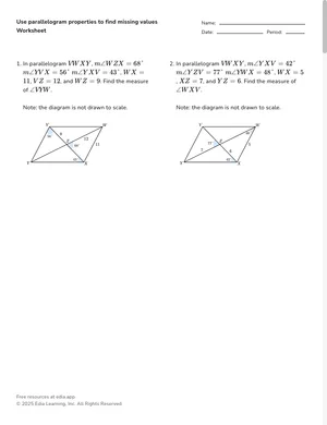 Use parallelogram properties to find missing values worksheet preview