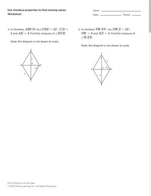 Use rhombus properties to find missing values worksheet preview