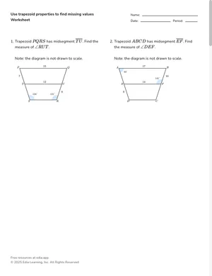 Use trapezoid properties to find missing values worksheet preview