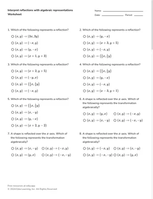 Interpret reflections with algebraic representations worksheet preview