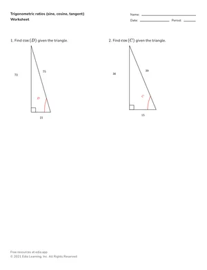 Identify trigonometric ratios (sine, cosine, tangent) worksheet preview