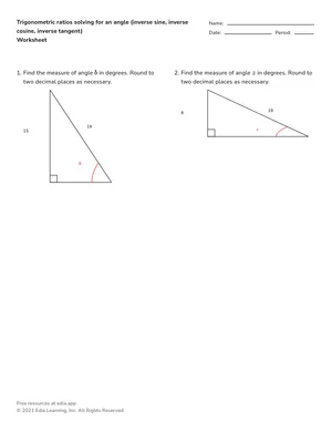Evaluate angles using trigonometric ratios (inverse sine, inverse cosine, inverse tangent) worksheet preview