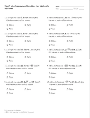 Classify triangle as acute, right or obtuse from side lengths worksheet preview