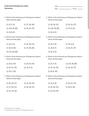 Use Pythagorean triples worksheet preview