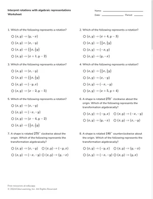Interpret rotations with algebraic representations worksheet preview