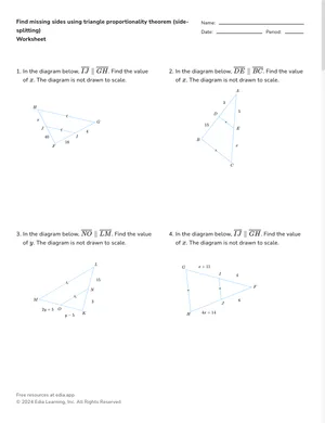 Find missing sides using triangle proportionality theorem (side-splitting) worksheet preview