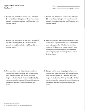 Apply surface area of cones worksheet preview