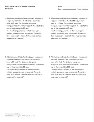 Apply surface area of square pyramids worksheet preview