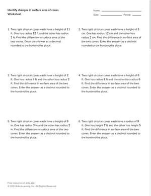 Identify changes in surface area of cones worksheet preview