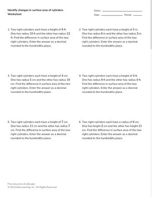 Identify changes in surface area of cylinders worksheet preview
