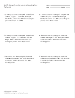 Identify changes in surface area of rectangular prisms worksheet preview