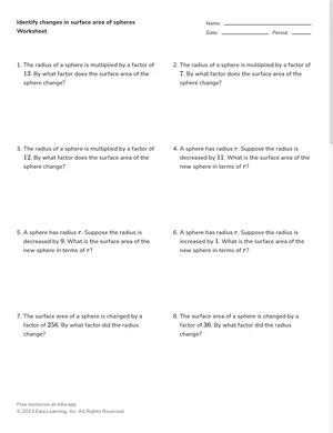 Identify changes in surface area of spheres worksheet preview