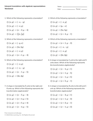 Interpret translations with algebraic representations worksheet preview