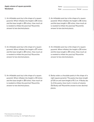 Apply volume of square pyramids worksheet preview