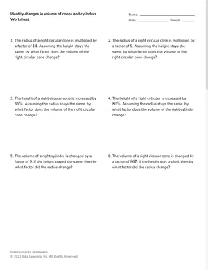 Identify changes in volume of cones and cylinders worksheet preview