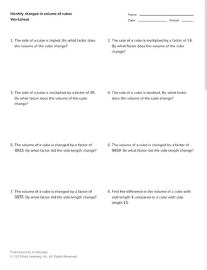 Identify changes in volume of cubes worksheet preview