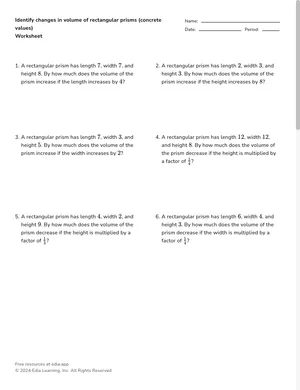Identify changes in volume of rectangular prisms (concrete values) worksheet preview