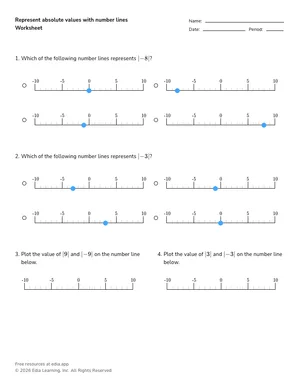Represent absolute values with number lines worksheet preview