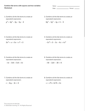 Combine like terms with squares and two variables worksheet preview