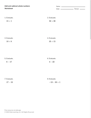 Add and subtract whole numbers worksheet preview