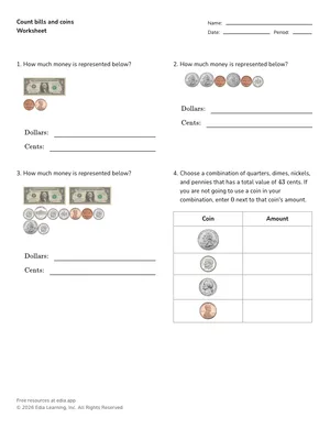 Count bills and coins worksheet preview