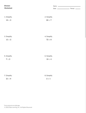 Divide whole numbers worksheet preview
