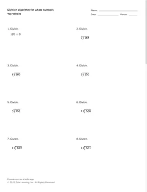 Division algorithm for whole numbers worksheet preview