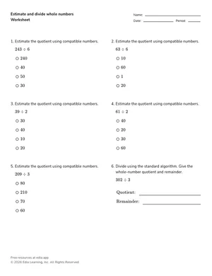 Estimate and divide whole numbers worksheet preview