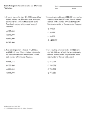 Estimate large whole-number sums and differences worksheet preview