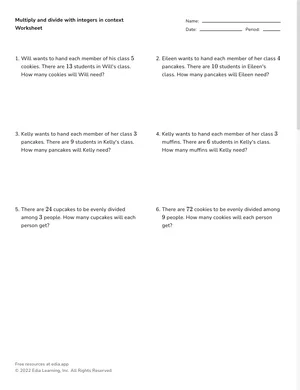 Multiply and divide with integers in context worksheet preview