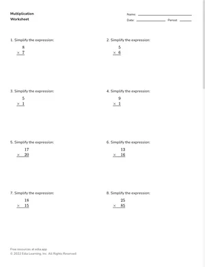 Multiply whole numbers worksheet preview