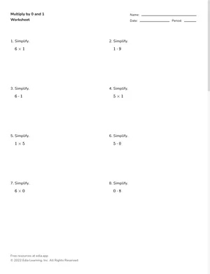 Multiply by 0 and 1 worksheet preview