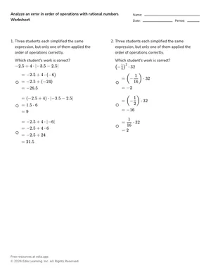 Analyze an error in order of operations with rational numbers worksheet preview