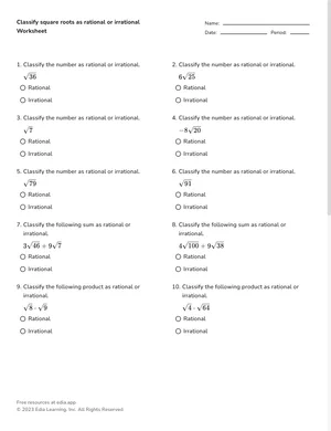 Classify square roots as rational or irrational worksheet preview