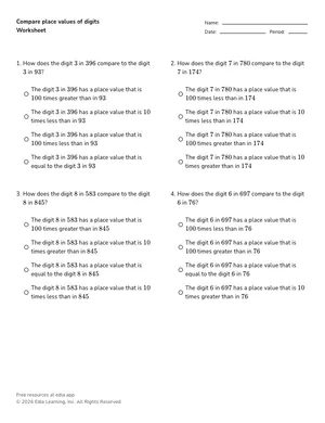 Compare place values of digits worksheet preview