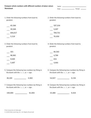 Compare whole numbers with different numbers of place values worksheet preview