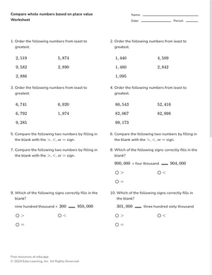 Compare whole numbers with the same number of place values worksheet preview