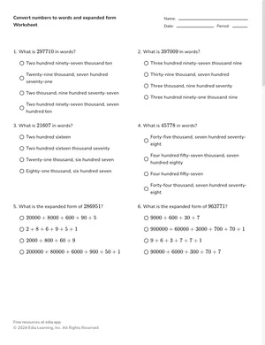Convert numbers to words and expanded form worksheet preview
