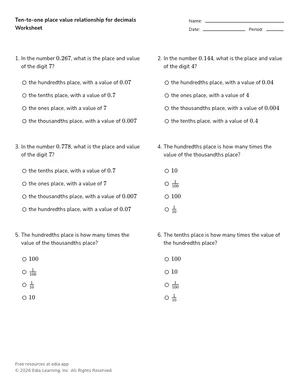 Ten-to-one place value relationship for decimals worksheet preview