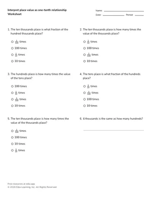 Interpret place value as one-tenth relationship worksheet preview