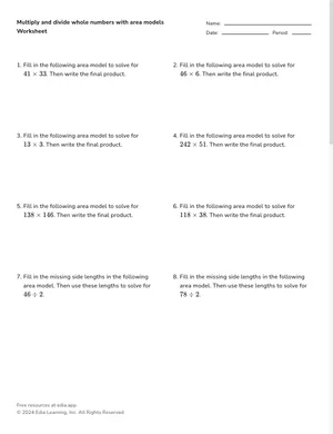Multiply and divide whole numbers with area models worksheet preview