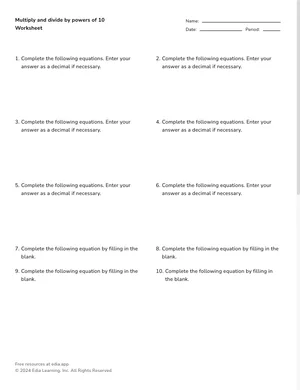 Multiply and divide by powers of 10 worksheet preview