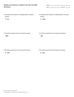 Multiply and divide by a multiple of 10, 100, and 1000 worksheet preview