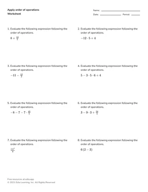 Apply order of operations (integers) worksheet preview