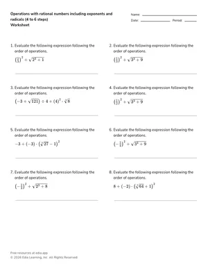 Operations with rational numbers including exponents and radicals (4 to 6 steps) worksheet preview